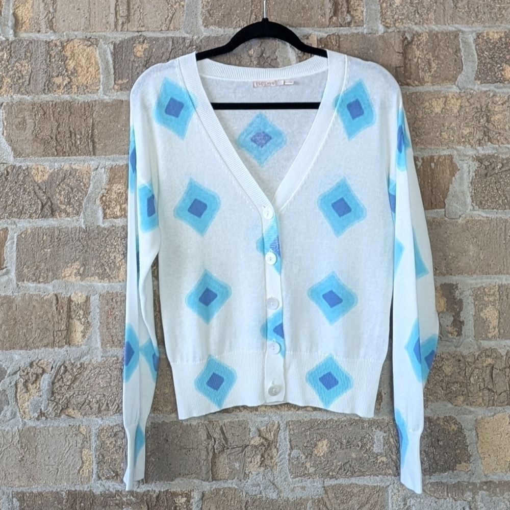 Esqualo Lightweight Linen Pastel Harlequin Cardigan Size Small White Aqua Blue